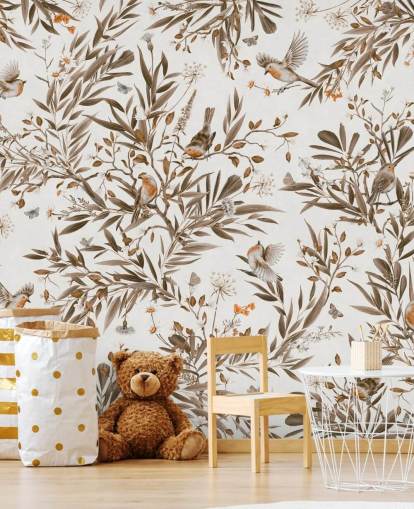 peinture murale personnalisable blanche et marron pour chambre d'enfant appelée Playful Robins - Vintage White de Kikki Belle