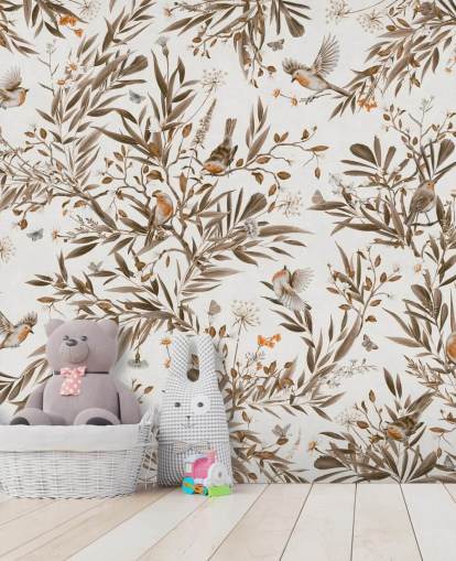 witte en bruine aanpasbare kinderkamermuurschildering genaamd Playful Robins - Vintage White van Kikki Belle