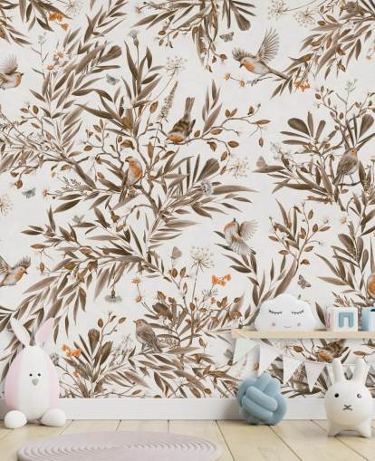 murale per cameretta personalizzabile bianco e marrone chiamato Playful Robins - Vintage White di Kikki Belle murale per cameretta personalizzabile bianco e marrone chiamato Playful Robins - Vintage White di Kikki Belle
