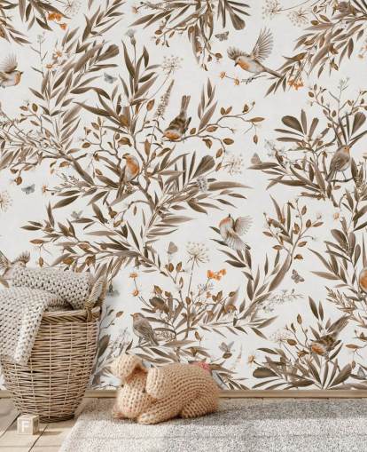 vit och brun anpassningsbar plantskola väggmålning som heter Playful Robins - Vintage White av Kikki Belle