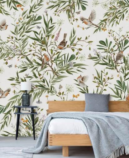 peinture murale personnalisée blanche et verte pour chambre d'enfant appelée Playful Robins - White par Kikki Belle