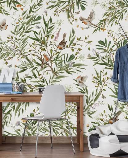 white and green custom kids bedroom mural called Playful Robins - White by Kikki Belle white and green custom kids bedroom mural called Playful Robins - White by Kikki Belle