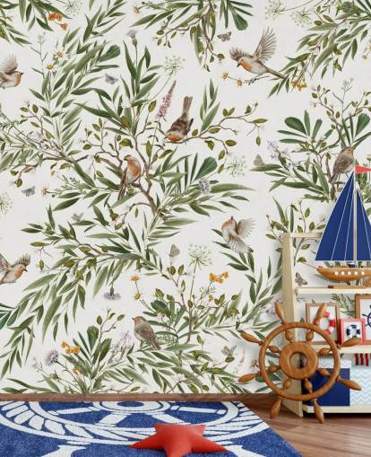 peinture murale personnalisée blanche et verte pour chambre d'enfant appelée Playful Robins - White par Kikki Belle