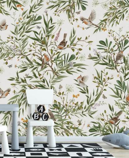 white and green custom kids bedroom mural called Playful Robins - White by Kikki Belle