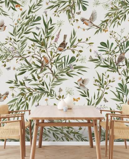 white and green custom kids bedroom mural called Playful Robins - White by Kikki Belle white and green custom kids bedroom mural called Playful Robins - White by Kikki Belle