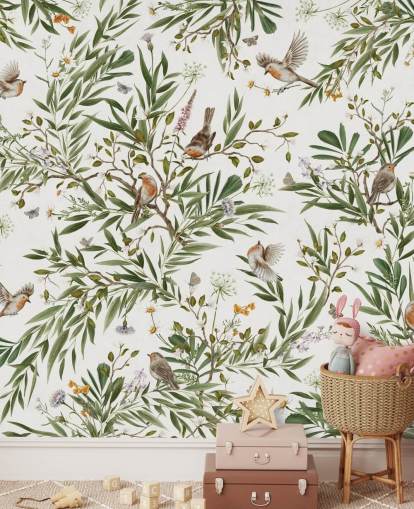 mural de quarto infantil personalizado em branco e verde chamado Playful Robins - White de Kikki Belle mural de quarto infantil personalizado em branco e verde chamado Playful Robins - White de Kikki Belle