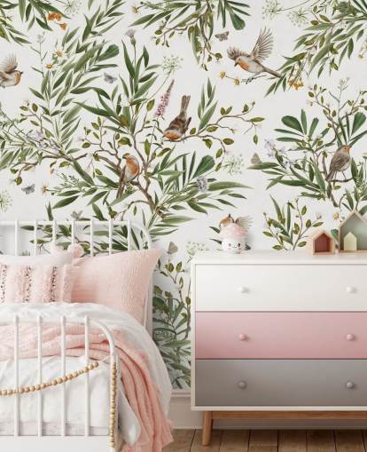 white and green custom kids bedroom mural called Playful Robins - White by Kikki Belle