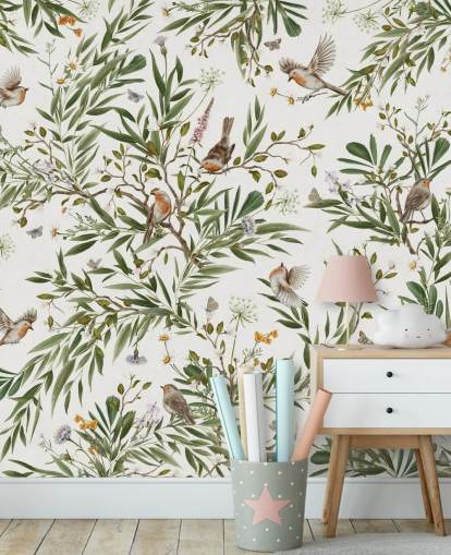 mural personalizado blanco y verde para dormitorio infantil llamado Playful Robins - White de Kikki Belle