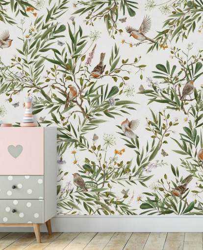 hvitt og grønt tilpasset barnesoverommaleri kalt Playful Robins - White av Kikki Belle hvitt og grønt tilpasset barnesoverommaleri kalt Playful Robins - White av Kikki Belle