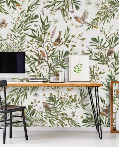 Maßgefertigtes Wandbild für Kinderzimmer in Weiß und Grün namens Playful Robins - White von Kikki Belle