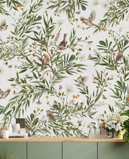 peinture murale personnalisée blanche et verte pour chambre d'enfant appelée Playful Robins - White par Kikki Belle peinture murale personnalisée blanche et verte pour chambre d'enfant appelée Playful Robins - White par Kikki Belle