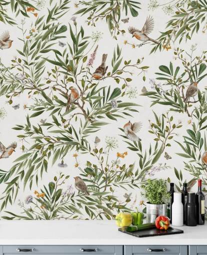 murale per camera da letto per bambini personalizzato bianco e verde chiamato Playful Robins - White by Kikki Belle