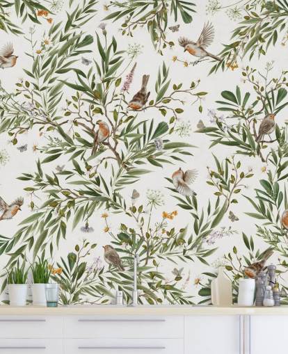 witte en groene muurschildering op maat voor de kinderkamer genaamd Playful Robins - White van Kikki Belle witte en groene muurschildering op maat voor de kinderkamer genaamd Playful Robins - White van Kikki Belle