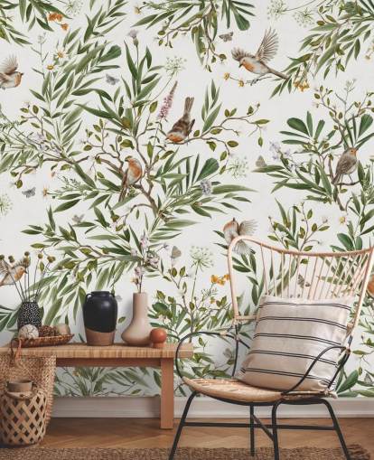 white and green custom kids bedroom mural called Playful Robins - White by Kikki Belle