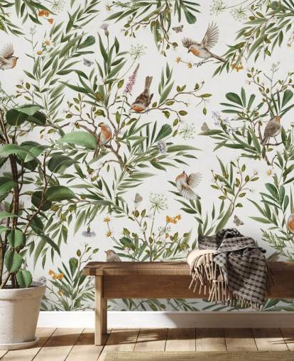 white and green custom kids bedroom mural called Playful Robins - White by Kikki Belle white and green custom kids bedroom mural called Playful Robins - White by Kikki Belle