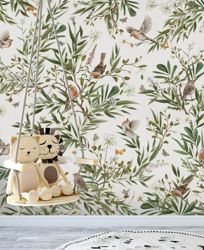 murale per camera da letto per bambini personalizzato bianco e verde chiamato Playful Robins - White by Kikki Belle