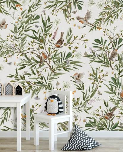 mural personalizado blanco y verde para dormitorio infantil llamado Playful Robins - White de Kikki Belle