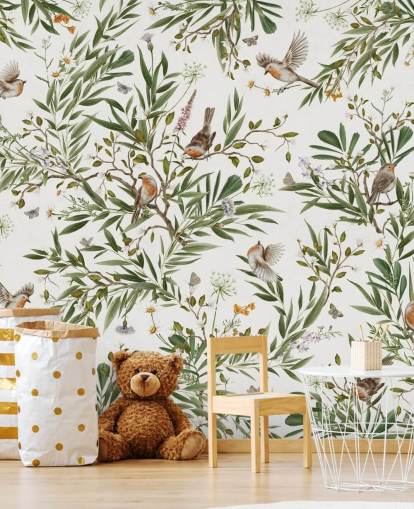 peinture murale personnalisée blanche et verte pour chambre d'enfant appelée Playful Robins - White par Kikki Belle