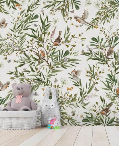 mural personalizado blanco y verde para dormitorio infantil llamado Playful Robins - White de Kikki Belle mural personalizado blanco y verde para dormitorio infantil llamado Playful Robins - White de Kikki Belle