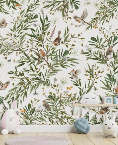 peinture murale personnalisée blanche et verte pour chambre d'enfant appelée Playful Robins - White par Kikki Belle
