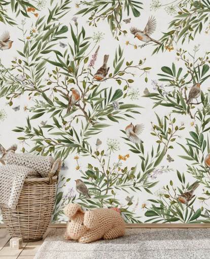 murale per camera da letto per bambini personalizzato bianco e verde chiamato Playful Robins - White by Kikki Belle