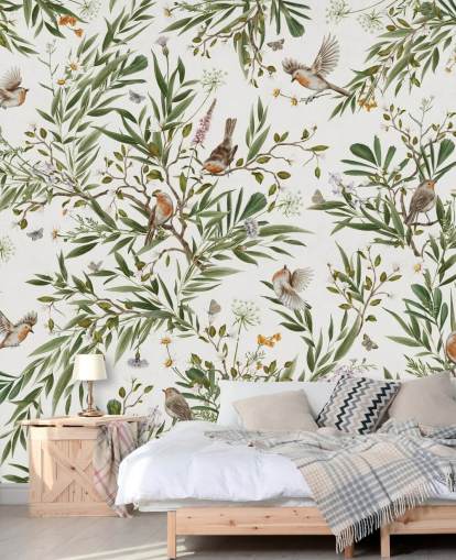 Maßgefertigtes Wandbild für Kinderzimmer in Weiß und Grün namens Playful Robins - White von Kikki Belle Maßgefertigtes Wandbild für Kinderzimmer in Weiß und Grün namens Playful Robins - White von Kikki Belle