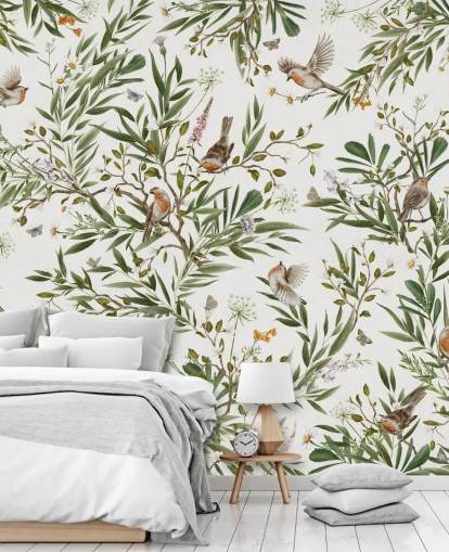 valkoinen ja vihreä mukautettu lasten makuuhuoneen seinämaalaus nimeltä Playful Robins - White, kirjoittanut Kikki Belle