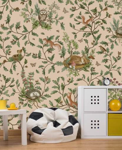 beige op maat gemaakte kindermuurschildering genaamd Playful Woods - Beige van Kikki Belle voor de muren van de kinderkamer en kinderkamer