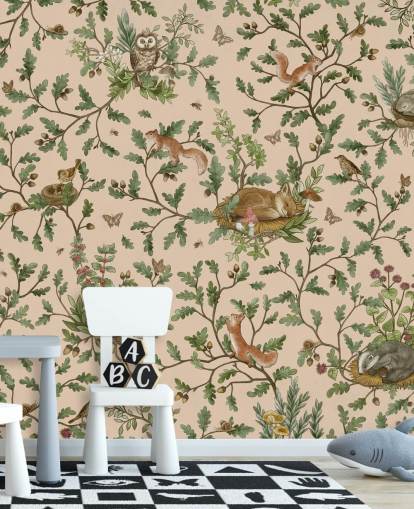 beige anpassad barnväggmålning som heter Playful Woods - Beige av Kikki Belle för barnkammare och barnsovrumsväggar