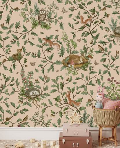 beige anpassad barnväggmålning som heter Playful Woods - Beige av Kikki Belle för barnkammare och barnsovrumsväggar beige anpassad barnväggmålning som heter Playful Woods - Beige av Kikki Belle för barnkammare och barnsovrumsväggar