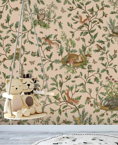 beige räätälöity lasten seinämaalaus nimeltä Playful Woods - Beige by Kikki Belle lastentarhan ja lasten makuuhuoneen seinille