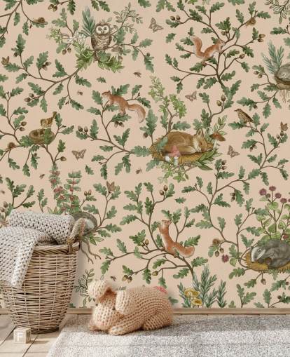 mural infantil personalizado em bege chamado Playful Woods - Beige de Kikki Belle para paredes de berçários e quartos infantis