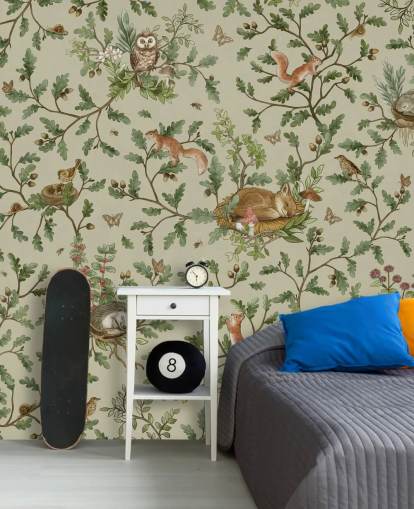 green and brown customisable kids bedroom mural called Playful Woods - Green by Kikki Belle