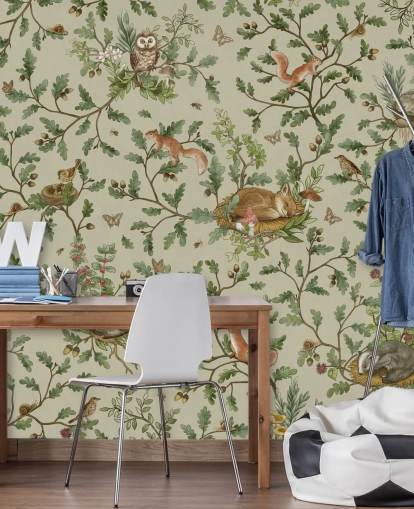 grønt og brunt tilpassbart barnesoverommaleri kalt Playful Woods - Green av Kikki Belle