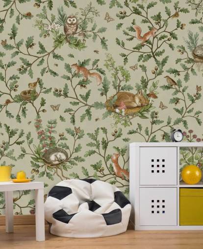 grön och brun anpassningsbar barnrumsväggmålning som heter Playful Woods - Green av Kikki Belle grön och brun anpassningsbar barnrumsväggmålning som heter Playful Woods - Green av Kikki Belle