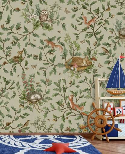 green and brown customisable kids bedroom mural called Playful Woods - Green by Kikki Belle