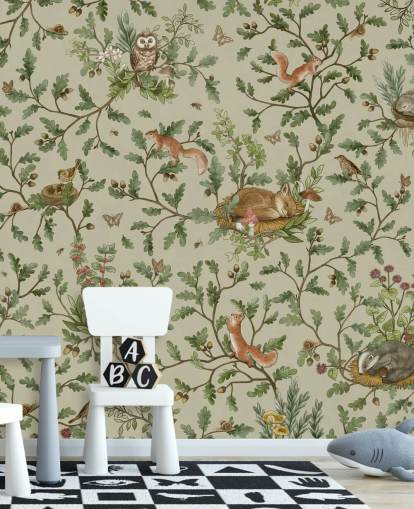 green and brown customisable kids bedroom mural called Playful Woods - Green by Kikki Belle