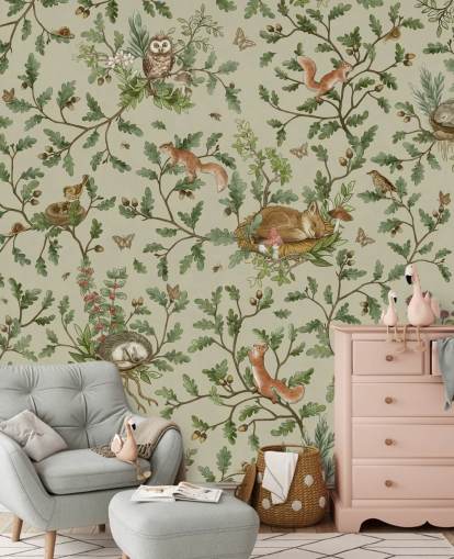 green and brown customisable kids bedroom mural called Playful Woods - Green by Kikki Belle