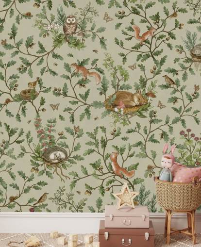 green and brown customisable kids bedroom mural called Playful Woods - Green by Kikki Belle
