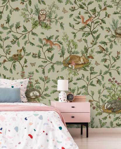 peinture murale personnalisable verte et marron pour chambre d'enfant appelée Playful Woods - Green de Kikki Belle peinture murale personnalisable verte et marron pour chambre d'enfant appelée Playful Woods - Green de Kikki Belle