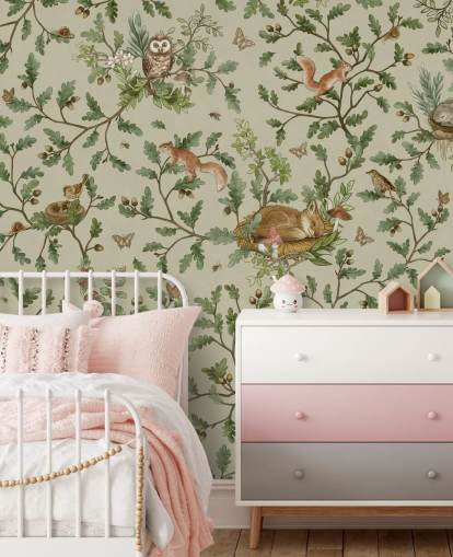 peinture murale personnalisable verte et marron pour chambre d'enfant appelée Playful Woods - Green de Kikki Belle peinture murale personnalisable verte et marron pour chambre d'enfant appelée Playful Woods - Green de Kikki Belle