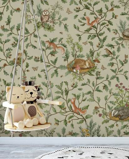 murale per camera da letto per bambini personalizzabile verde e marrone chiamato Playful Woods - Green by Kikki Belle