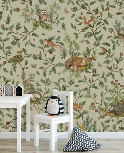 murale per camera da letto per bambini personalizzabile verde e marrone chiamato Playful Woods - Green by Kikki Belle murale per camera da letto per bambini personalizzabile verde e marrone chiamato Playful Woods - Green by Kikki Belle