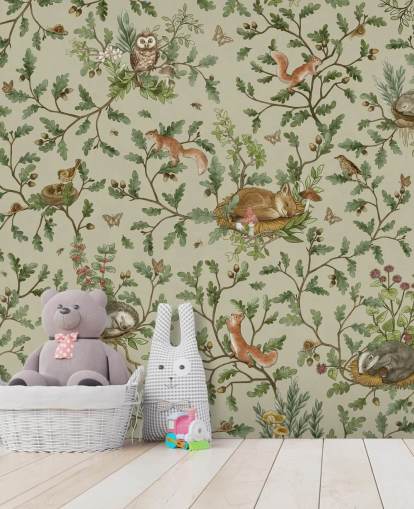 mural de quarto infantil personalizável em verde e marrom chamado Playful Woods - Green de Kikki Belle