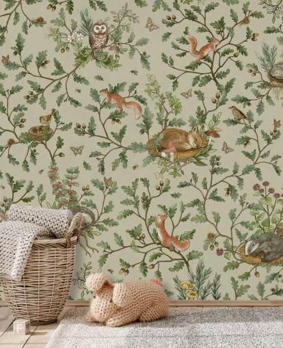 grön och brun anpassningsbar barnrumsväggmålning som heter Playful Woods - Green av Kikki Belle