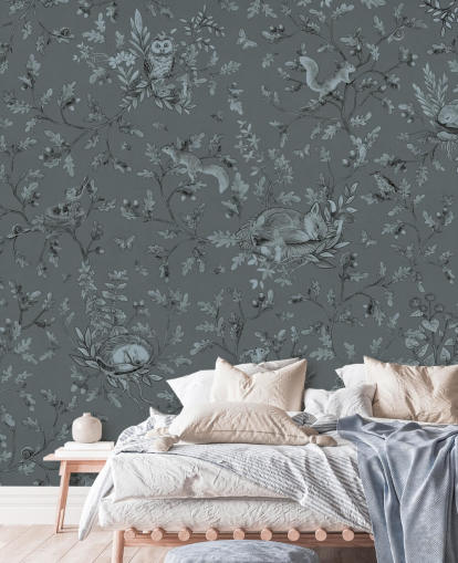 blauwe op maat gemaakte kinderspeelkamermuurschildering genaamd Playful Woods - Monochrome Blue van Kikki Belle blauwe op maat gemaakte kinderspeelkamermuurschildering genaamd Playful Woods - Monochrome Blue van Kikki Belle