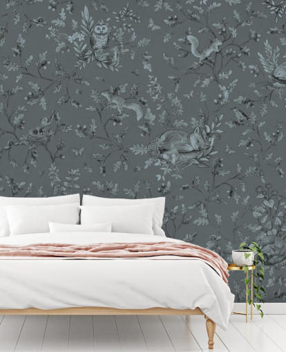 blue custom kids playroom mural called Playful Woods - Monochrome Blue by Kikki Belle