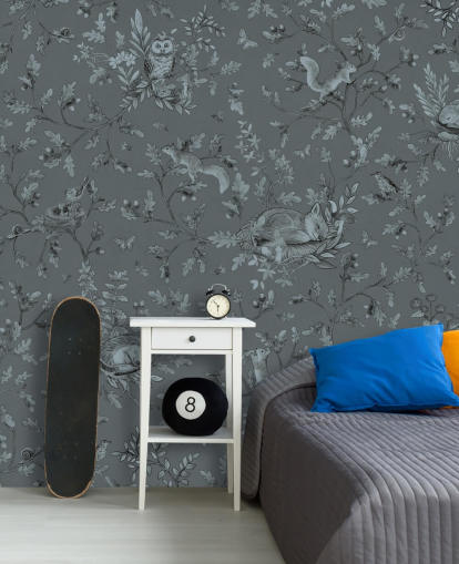 blue custom kids playroom mural called Playful Woods - Monochrome Blue by Kikki Belle