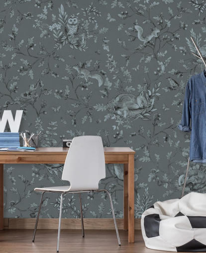 blue custom kids playroom mural called Playful Woods - Monochrome Blue by Kikki Belle