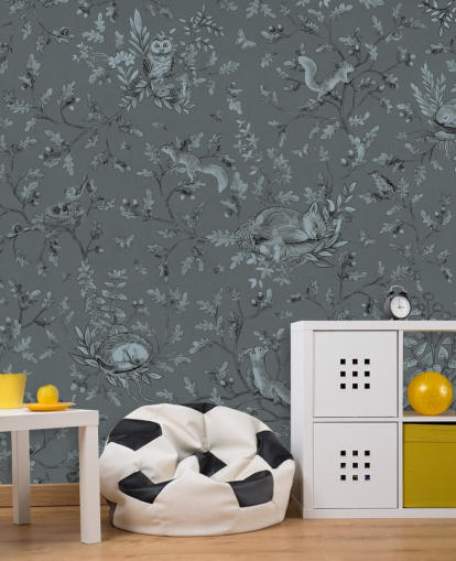 blått tilpasset veggmaleri for lekerom for barn kalt Playful Woods - Monochrome Blue av Kikki Belle